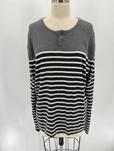 Vince Pullover Sweater Women&#39;s Sz XL Gray White Striped 100% Cotton Henley - £23.02 GBP