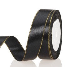 25 Yards 1 Inch Black Satin Ribbon With Gold Edges, Gold Border Fabric R... - £14.07 GBP