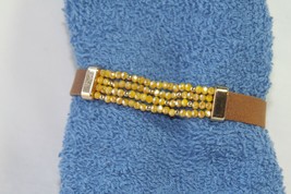 Plunder Bracelet (New) CAMERON-YELLOW Bead Strands Elastic, Leather Strap 7-7.5&quot; - £19.17 GBP