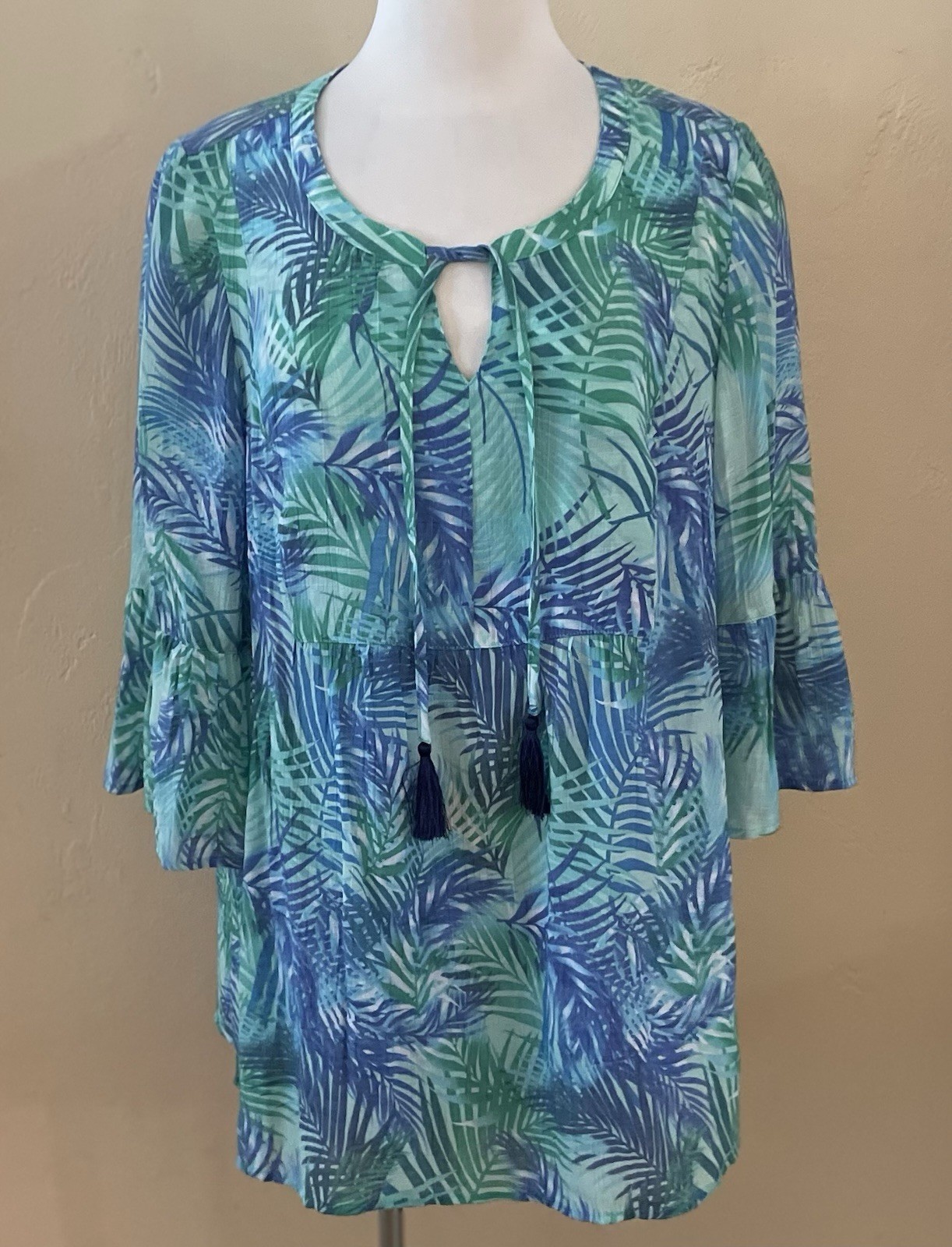 Catherines Womens Blue Green Tropical Palms Tunic Top Size 0X 14/16W Tas... - $23.64
