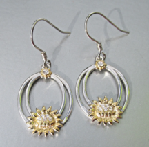 Sterling Silver Cubic Zirconia Vermeil Water LILY Hoop Dangle Vtg Earrings - $29.65