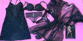 Victoria&#39;s Secret 32D,34A Bra Set+Slip+Robe Gown Black Silver Stars Embroidered - £215.14 GBP