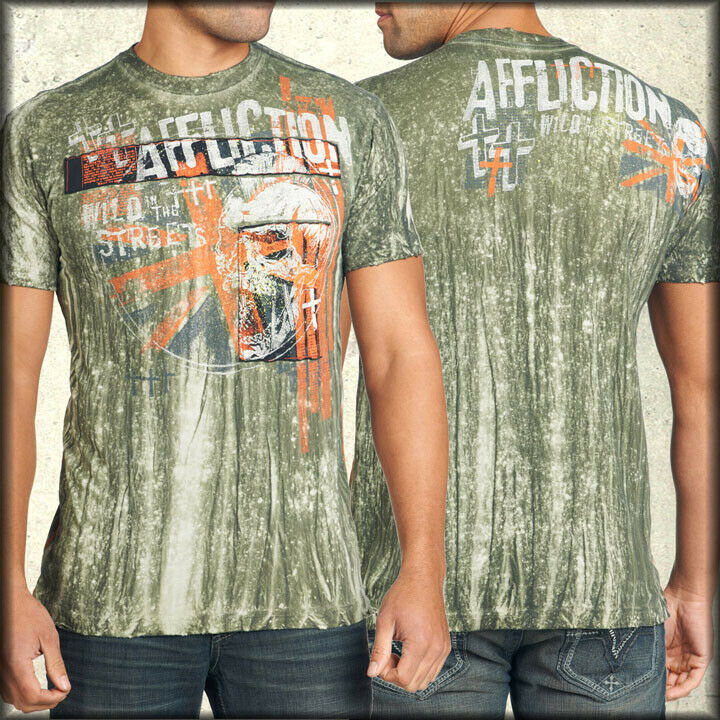 Primary image for Affliction Wild Streets A7935 Skull Cross Distress Mens T-Shirt Green Storm S-2X