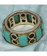 Vintage turquoise Sterling band ring size geometric natural stone ring N... - $82.06 CAD