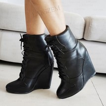 Ankle Booties Wedges Faux Leather Lace Up Height Increase Black Short Boots Ladi - £100.65 GBP