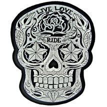 Day of the Dead Sugar Skull &quot;Live Love Ride&quot; Large Embroidered Biker Back Patche - £24.12 GBP