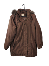 St Johns Bay Winter Coat Womens Medium Brown Faux Suede Faux Fur Trimmed Hood - £33.18 GBP