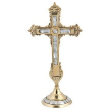 Mother of Pearl Brass Blessing Altar Liturgical Cross with Stand 23.5cm 9&quot;  - $41.73