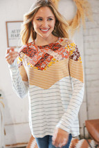 Mustard Two-Tone Chevron Stripe &amp; Floral Patchwork Top - £16.62 GBP+