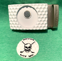 NWOT Golf Belt Buckle Ball Marker Removable Never Lay Up White Ratchet B... - $16.88
