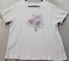 Quacker Factory Patriotic Shirt Womens Large White Cotton Fire Work Short Sleeve - £21.80 GBP