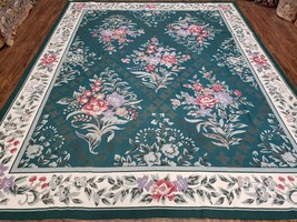 Vintage Chinese Needlepoint Green Area Rug 8x10 Wool Handmade Flowers Carpet - £906.60 GBP