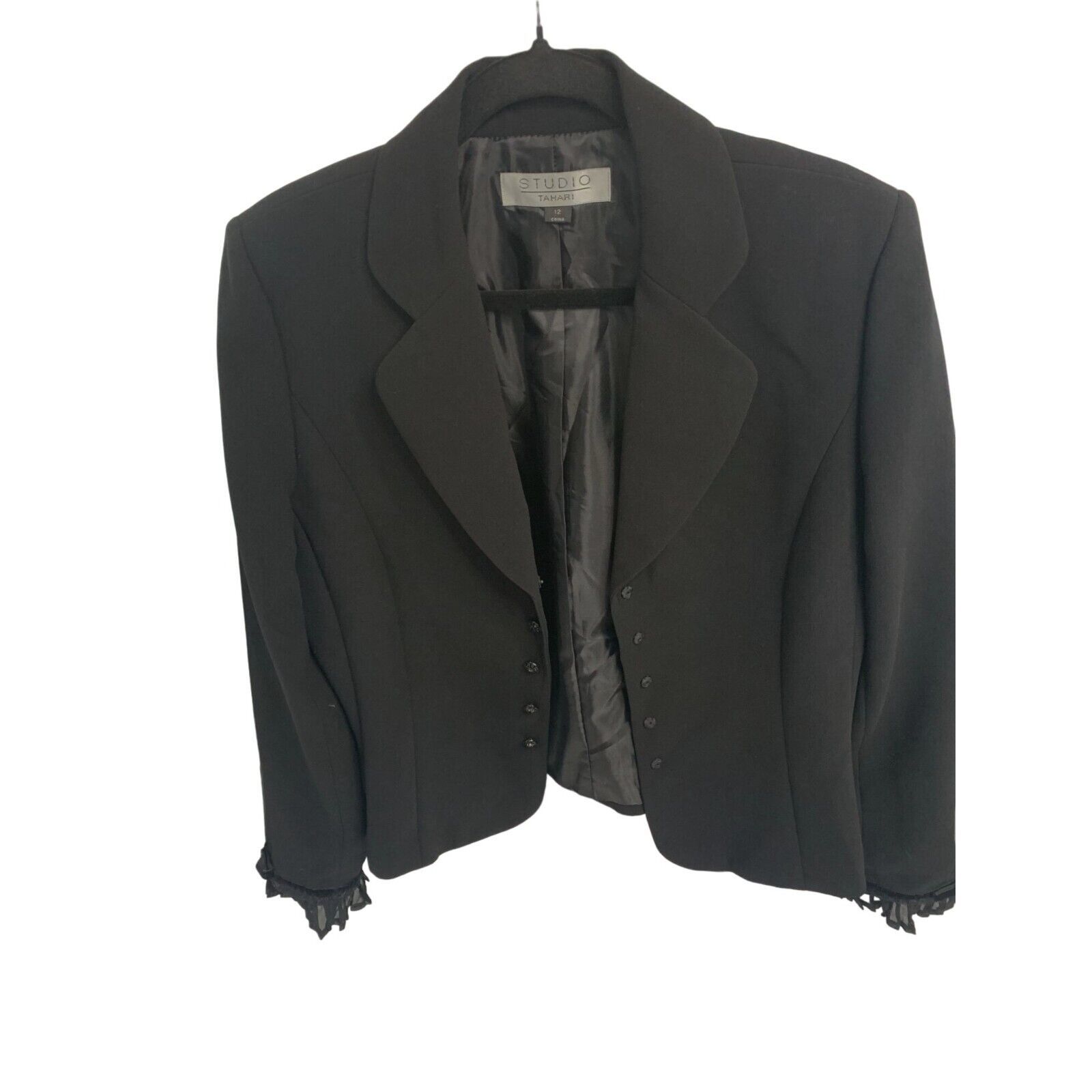 Primary image for Studio Tahari Womens Size 12 Black Blazer Suit Coat Snap Shirt Ruffle Trim Line