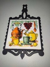 Vtg Farmhouse Kitchen Trivet Black Cast Iron &amp; Tile Vegetables Tea Pot - $14.85