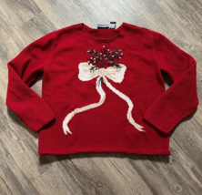 Liz Claiborne LizSport Sweater Women Red Christmas Bow Floral Small - £17.25 GBP