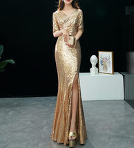 Gold Sequin Maxi Dress Gowns Women Custom Size Side Split Sequin Party Dress image 4
