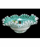 Turquoise Silver Crest Bride&#39;s Bowl, Fenton Art Glass, Red Roses, Ruffle... - $80.35 CAD