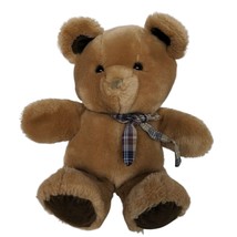 Vintage 1982 Dakin Brown Teddy Bear Plush Plaid Bow Stuffed Animal 14” - £22.15 GBP