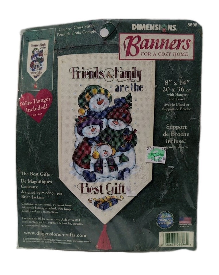 VTG 2002 Dimensions Counter Cross Stitch Christmas Banner Snowman Family... - $9.97