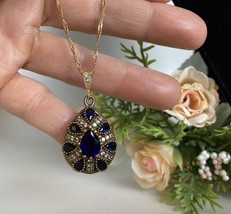 14K Yellow Gold Over  2.20Ct Pear Blue Sapphire Simulated Pendant Valentine Gift - £73.97 GBP