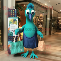 Teal Peacock mascot costume character dressed with a One-Piece Swimsuit and Tote - £972.27 GBP