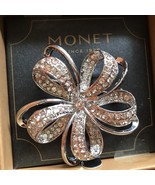 Monet Silver w White Rhinestones Round Flower Brooch Pin In Original Box - $21.59 CAD