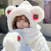 Strawberry Bear Plush Handwarmer Scarf Hat Combo | Women Fleece Winter H... - £43.16 GBP