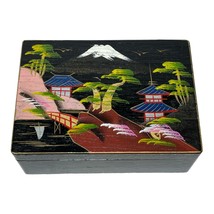Vintage all Wood Trinket Box made in JAPAN scenery hand painted on Black Pagodas - £26.79 GBP