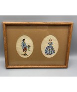 Vtg Framed Needlepoint Victorian Couple Oval Mats Oak Frame - $26.03