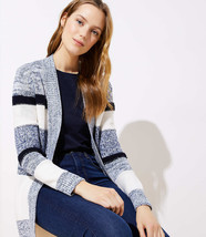 LOFT Marled Stripe Ribbed Trim Open Cardigan Forever Navy New - £38.82 GBP+