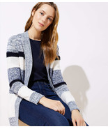 LOFT Marled Stripe Ribbed Trim Open Cardigan Forever Navy New - $49.49+