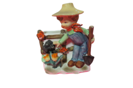 Vintage Porcelain Planter Boy Planting Garden Petting Dog 6.5&quot;L x 5&quot;Tall #1835 - £14.54 GBP