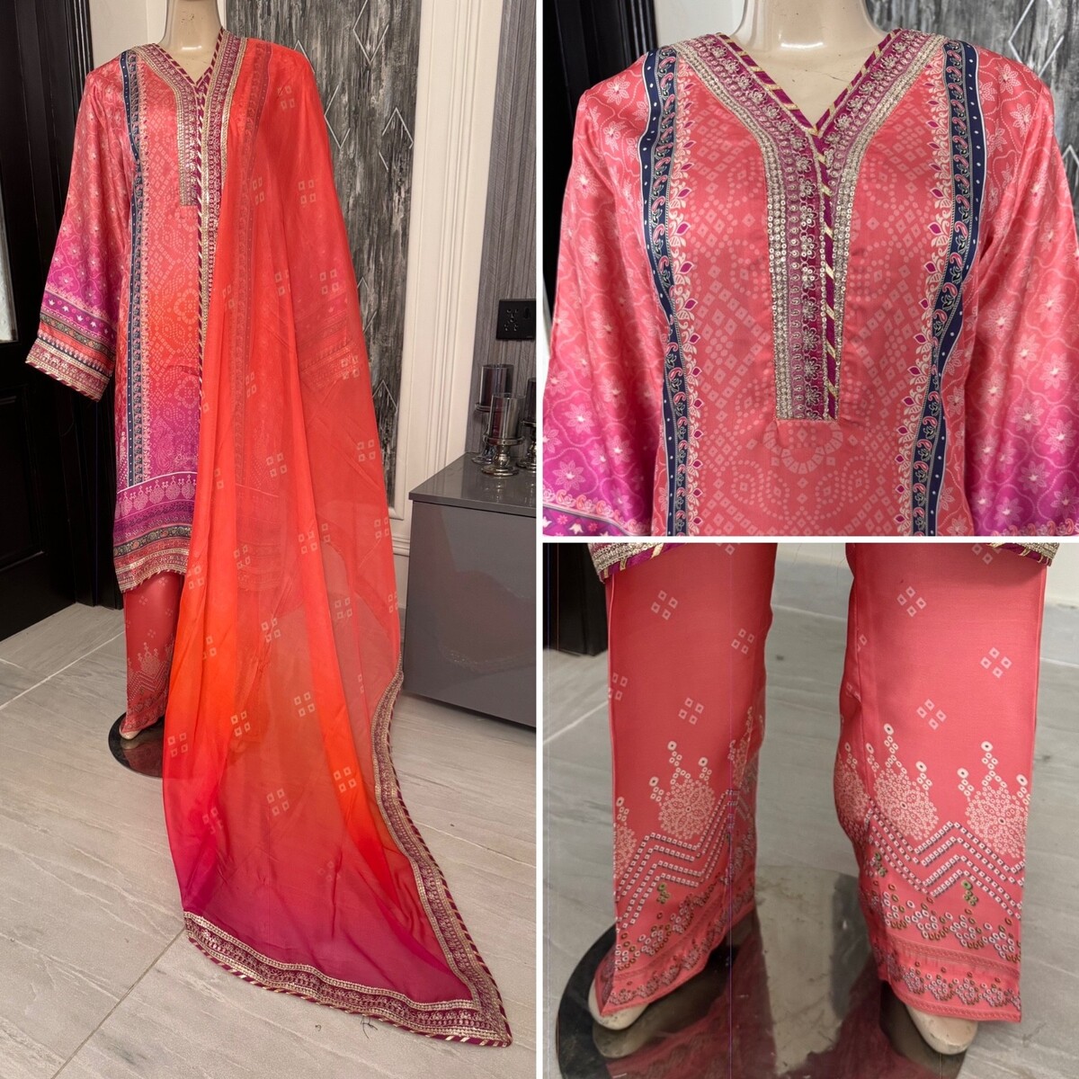 Pakistani Pink 3 Pcs Fancy  Shamoz Silk Dress with thread embroidery ,XL - $118.80