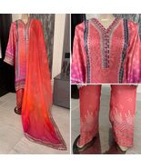 Pakistani Pink 3 Pcs Fancy  Shamoz Silk Dress with thread embroidery ,XL - $167.33 CAD