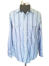 Wrangler Shirt Men&#39;s Size Large Blue Striped Silver Metallic Thread Pearl Snaps - £17.58 GBP