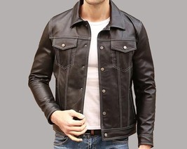 Black Leather Trucker Jacket for Men Casual Size S M L XL XXL 3XL Custom Made - £109.70 GBP