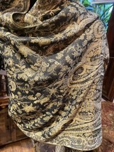 Vintage Style Black and Gold Knit Brocade Paisley Pashmina Scarf Wrap - $44.16