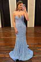Sweetheart Mermaid Light Blue Sequin Long Prom Dress - £130.48 GBP