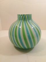 Vintage Hand Blown Blue/ Green Candy-Striped Vase Round Art Glass Vase MCM - £46.69 GBP