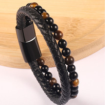 New Fashion Men Leather Bracelet Multilayer Leather Tiger Eye Stone Agate Beaded - £9.91 GBP