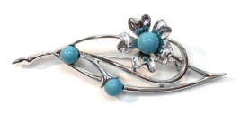 Sarah Coventry BLUE NOTE Brooch Pin Stylized Flower Silver Tone Faux Turquoise - £14.43 GBP