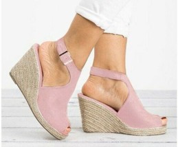 Women&#39;s Wedge Heel Light Pink  Peep Toe Platform Espadrille Sandals Size... - £38.29 GBP