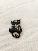 Black Enamel Kitty Cats Pin Brooch 1 Cat With Rhinestone Eyes &amp; Collar - $20.45 CAD