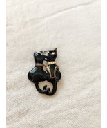 Black Enamel Kitty Cats Pin Brooch 1 Cat With Rhinestone Eyes &amp; Collar - $20.50 CAD