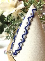 Blue Beaded Bracelet silver Accents Heart Clasp Crystal Charm  minimalist NEW - £12.53 GBP