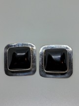 Vintage Sterling Silver 925 Mexico Square Black Onyx Clip On Earrings - £35.54 GBP