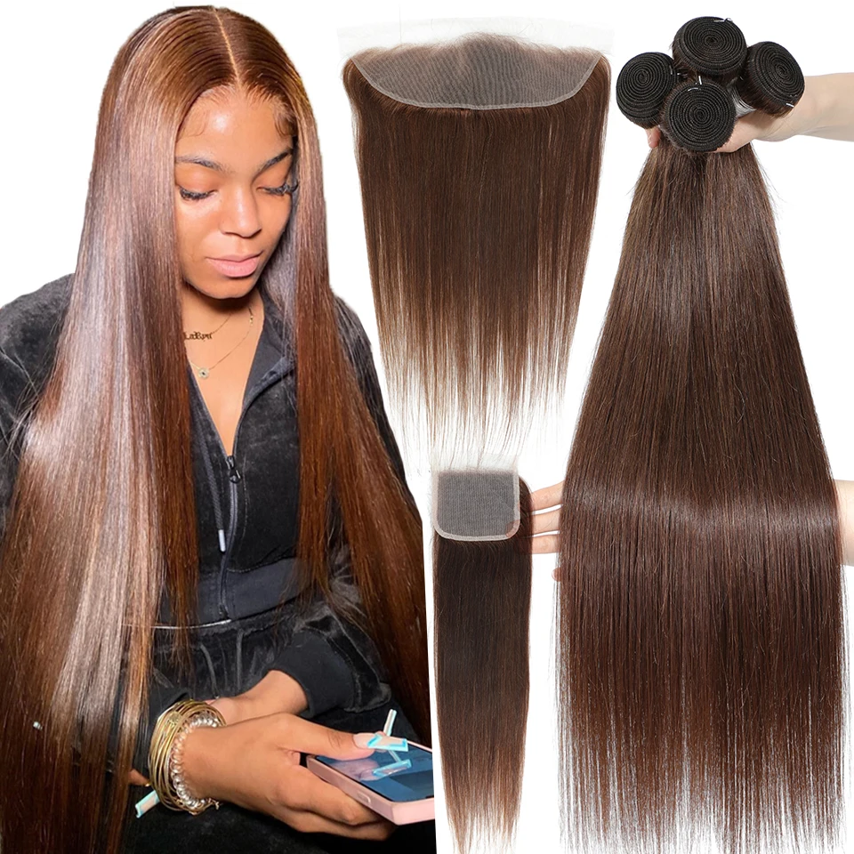 12A 10&quot;-32&quot; #4 Chocolate Brown Straight Human Hair Bundles with Closure Frontal - £87.15 GBP+