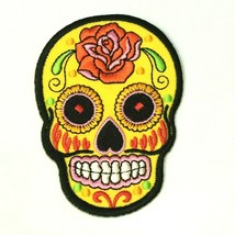 Orange Flower Yellow Sugar Skull Embroidered Patch Mexican Style Fun Logo Design - £14.09 GBP