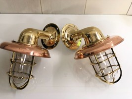 New Brass Bulkhead Light Nautical Wall Sconces Light With copper Shade 2 pcs - £195.67 GBP