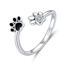 925 Sterling Silver Black Dog Paw Open Ring Zircon Cute Footprint Adjustable Fin - £17.29 GBP